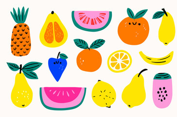 Cheerful Fruit Medley: A vibrant assortment of hand-drawn fruits arranged in a playful, whimsical style, creating a visual celebration of natural, healthy foods. 