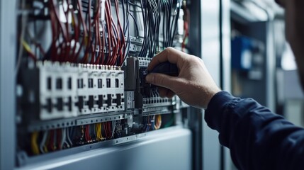 Electrician wiring a control panel in a factory. Featuring electrical work and industrial setting