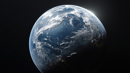 Fototapeta premium Earth seen from space, showing its intricate details and the beauty of our planet. A single light source illuminates a portion of the Earth, creating a dramatic contrast between light and shadow. 