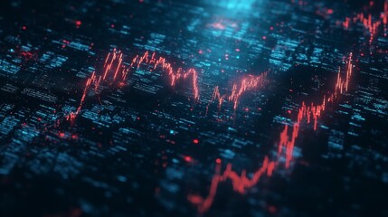 Abstract glowing stock market data visualization with red and blue data points, dark background. Shows dynamic financial trends.
