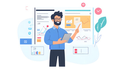 Obraz premium Business analytics presentation: A male business professional in an engaging demonstration of business analytics, with graphics and charts in a futuristic scene.