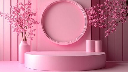 Pink monochrome 3D product display with round platform and cherry blossom trees