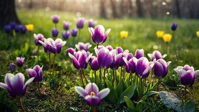 Purple crocus flowers on a sunny spring day. Natural spring floral background with delicate flowers on green grass