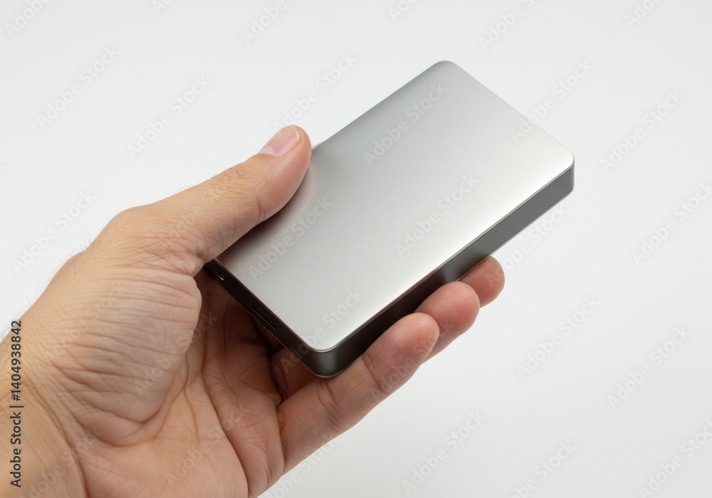Poster a hand holding a silver rectangular object against a plain white background in a close up view