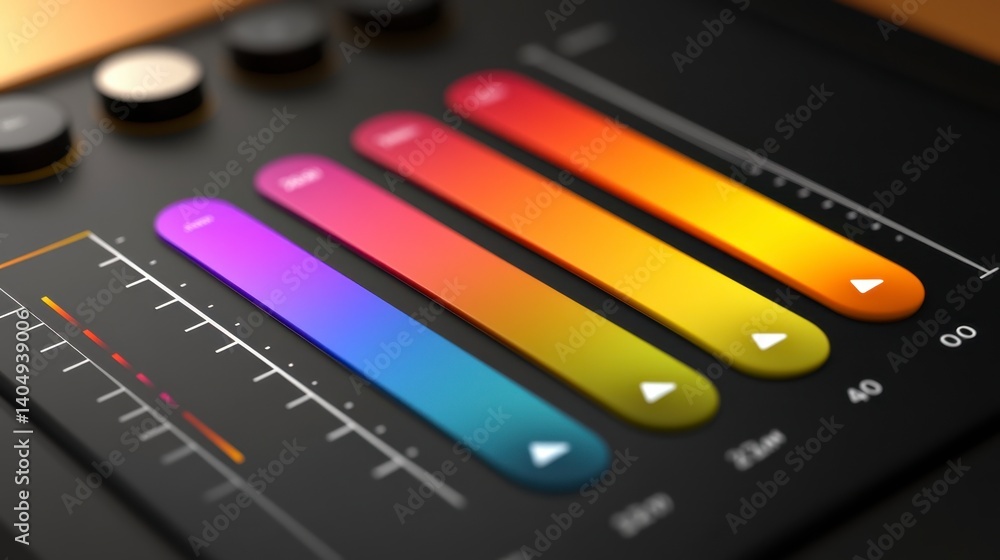 Poster close up view of a digital audio interface with colorful faders and play buttons, dark background.