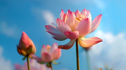 Fototapeta premium Elegant lotus flowers blooming against a soft blue sky. The delicate pink petals and the backdrop of the serene sky creates a feeling of peace and beauty. 