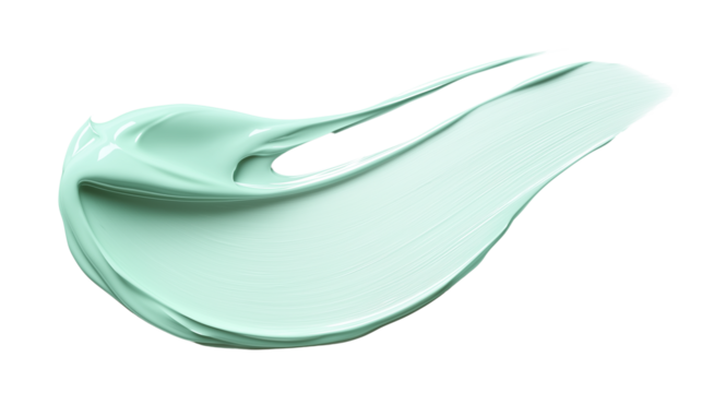 Realistic smear of mint green color-correcting cream, smooth satin texture, isolated on white, PNG high-resolution