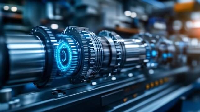 Close up of metallic industrial gears with a glowing blue digital overlay, showcasing precision engineering and technological advancement.