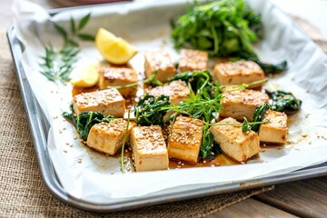 Stir fried tofu a baking pan with sesame and greens