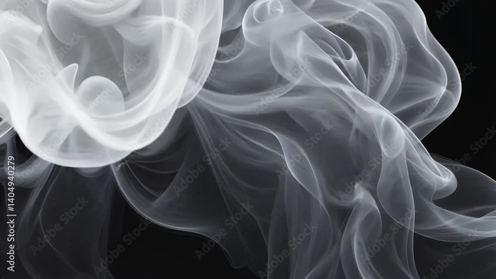 Poster Mesmerizing Swirl of Translucent Smoke Against Dark Background Ethereal Patterns Evoking Calming Tranquility and Mystery in Fluid Motion