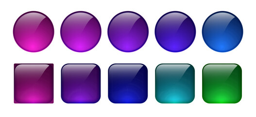 Set of glossy gradient buttons in round and square shapes featuring purple, blue, teal, and green colors with modern glassmorphism style, ideal for UI design, app interfaces, icons, and web components