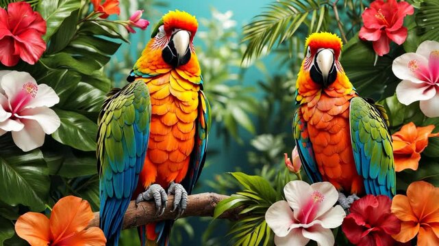 Colorful parrot on a branch with tropical flowers on palm green leaves background