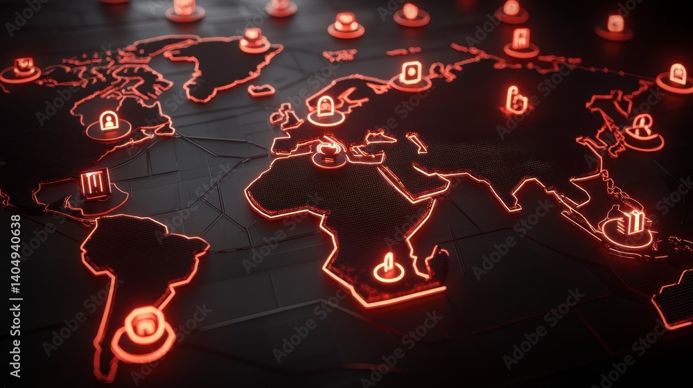 Poster global network map with glowing red nodes and lines, dark background, digital illustration.