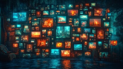 Fototapeta premium Abstract digital art depicting a wall of glowing screens displaying various scenes, reflected in dark water.