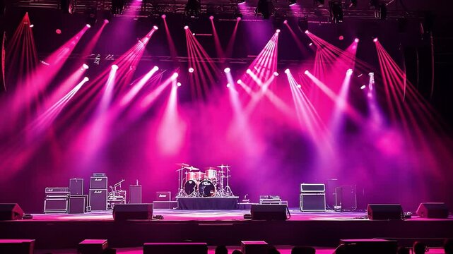 Vibrant concert stage illuminated with pink lights and featuring drum set and amplifiers creates energetic atmosphere for live music performances and unforgettable experiences.