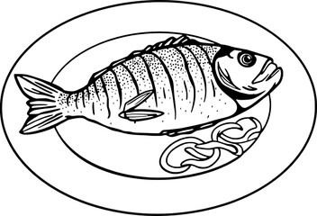 Grilled Fish Dish Served On Oval Plate Detailed Line Art Illustration
