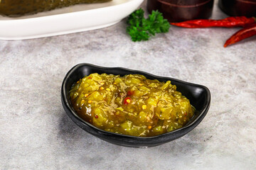 Souce gherkin relish with marinated cucumbers