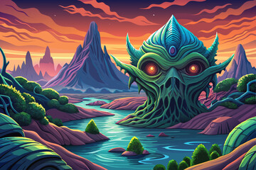 Wallpaper view of alien planet with river, abstraction, mysterious land of the galaxy under a strange colored sky, game banner