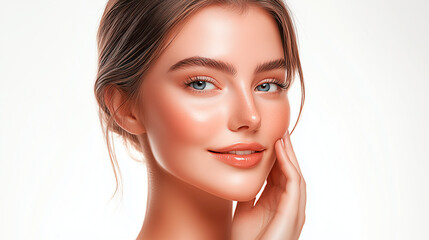 On white background, model, relaxed and confident young woman with smooth, glowing skin tone, gently touches her cheek to demonstrate the smoothness of her skin.