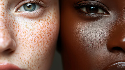 A close-up of two people with contrasting skin tones. On the left is a woman with fair skin, blue eyes, and noticeable freckles. On the right is a woman with dark skin and brown eyes.