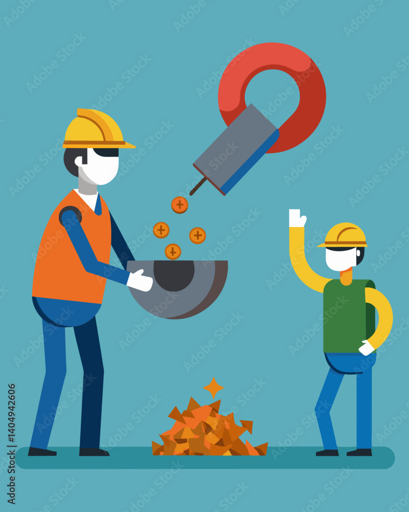 Poster a worker uses a magnet to extract ferrous metals from a pile of waste while another sifts through th