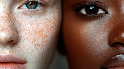 A close-up of two people with contrasting skin tones. On the left is a woman with fair skin, blue eyes, and noticeable freckles. On the right is a woman with dark skin and brown eyes.