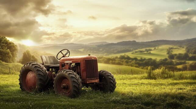 A classic vintage farm tractor in a lush green pasture, rolling hills in the background