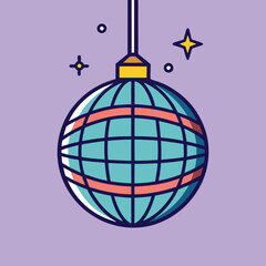 Colorful disco ball illustration on New Year Object a purple background with shining stars
