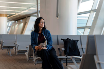 Woman Waiting at Airport Gate with Boarding Pass and Smartphone in Hand - Life Moments of Travel in Departure Hall