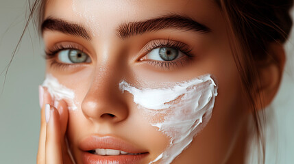 On a white background, a beautiful brunette girl with blue-green eyes smears her face with cream.