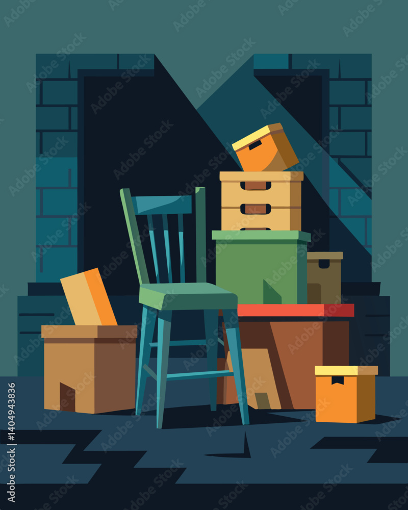 Poster amidst the chaos forgotten items peeked out from under chairs and behind stacks of crates waiting fo