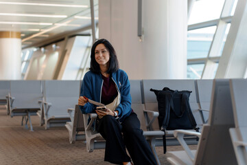 Woman Waiting at Airport Gate with Boarding Pass and Smartphone in Hand - Life Moments of Travel in Departure Hall