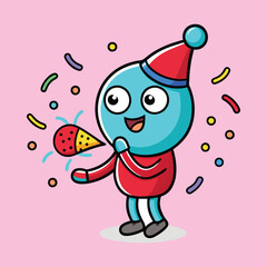 A cheerful cartoon character celebrates New Year Object with confetti and a party horn