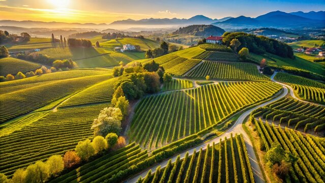 Aerial View of Franciacorta Vineyards, Lombardy, Italy: Rolling Hills of Grapes