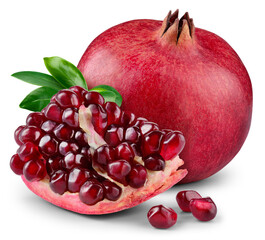 Pomegranate isolated png. Pomegranate with chunk, seeds and leaves on white or transparent...