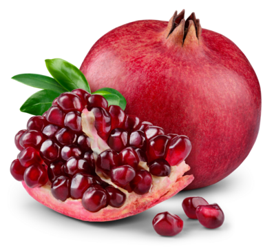 Pomegranate isolated png. Pomegranate with chunk, seeds and leaves on white or transparent background. Whole and broken pomegranate piece no background. Transparent png. Full depth of field.