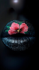 A close-up of a pair of lips with black lipstick and a bright floral design applied to them.