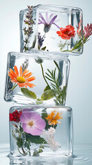 Five transparent ice cubes with different flowers and herbs inside, randomly standing on each other. White background, creative dramatic studio lighting