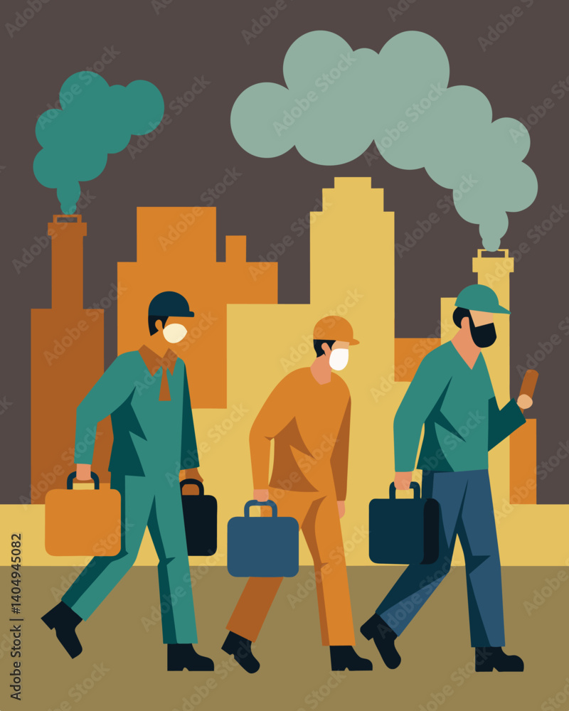 Poster the factorys workers emerging from their shifts covered in a layer of soot and grime evidence of the