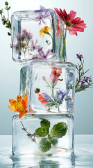 Five transparent ice cubes with different flowers and herbs inside, randomly standing on each other. White background, creative dramatic studio lighting