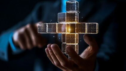 Businessman building blocks to form a virtual business model on a dark background