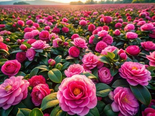 Aerial View of Pink Camellia Flower Plantation in Bloom