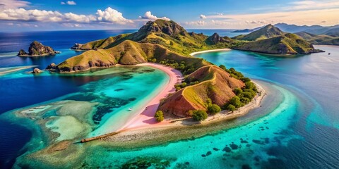 Aerial View of Pink Beach & Coral Reefs, Komodo National Park, Flores, Indonesia