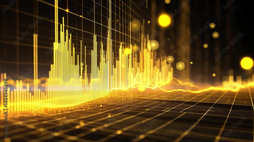 Poster vibrant digital visualization of sound waves and data trends, showcasing dynamic golden color palett