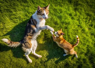 Aerial View of Playful Dog and Cat Scuffle in Backyard