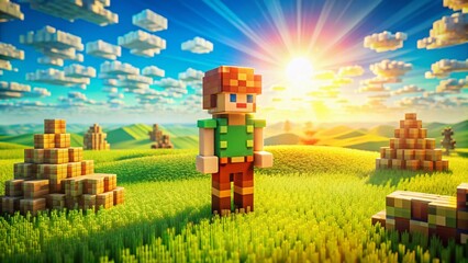 Aerial View of Retro Pixel Art Video Game Character in a Lush Green Landscape