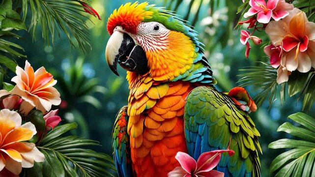 Colorful parrot on a branch with tropical flowers on palm green leaves background