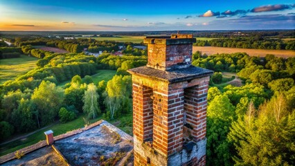 Aerial View of Rustic Old Brick Chimney, Historic Building, Industrial Heritage, Drone Photography