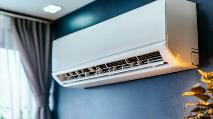 Modern air conditioner unit installed in room interior for home cooling and temperature control concept.