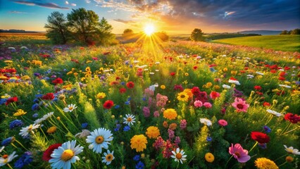 Aerial View of September Blooming Flowers Field, Vibrant Autumn Colors